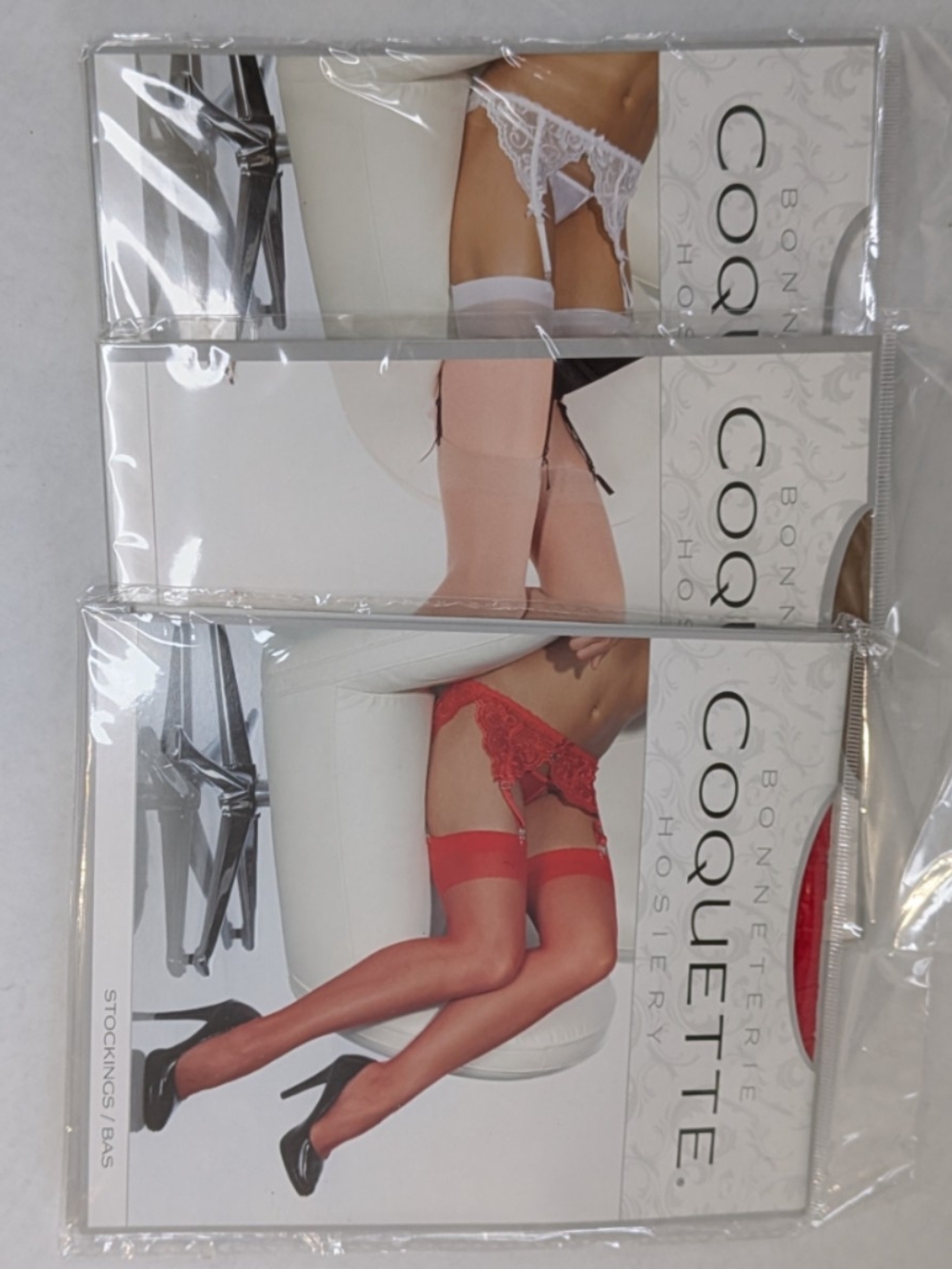 Coquette 3 Pairs OS/XL Sheer Thigh High Stockings Red Nude White Lace Trim Sexy